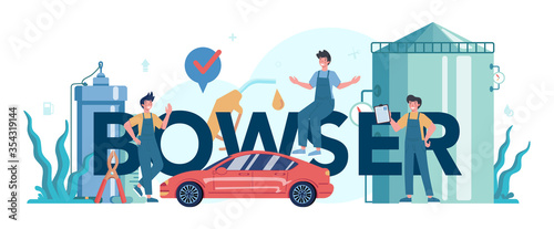 Gas station worker or refueler typographic header concept. Worker