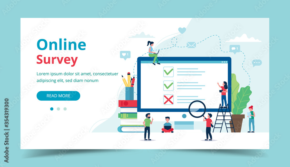 Survey online of customer satisfaction. Computer screen with ticks and crosses. Small people characters. Vector illustration in flat style Survey online of customer satisfaction. Computer screen with ticks and crosses. Small people characters. Vector illustration in flat style