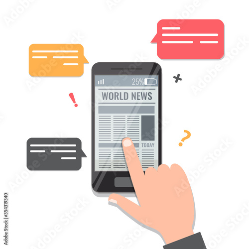 Newspaper online reading concept. Man hand flips through the news on a smartphone newa app. Vector stock illustration isolated on white background