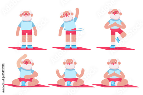Cute elderly man doing yoga and fitness exercises. Funny vector cartoon characters set isolated on a white background.