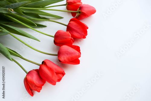 postcard mockup. bouquet of red tulips and space for text. congratulation. invitation