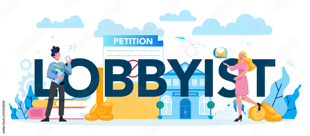 Lobbyist and lobby concept set. Professional pr specialist influencing Lobbyist and lobby concept set. Professional pr specialist influencing