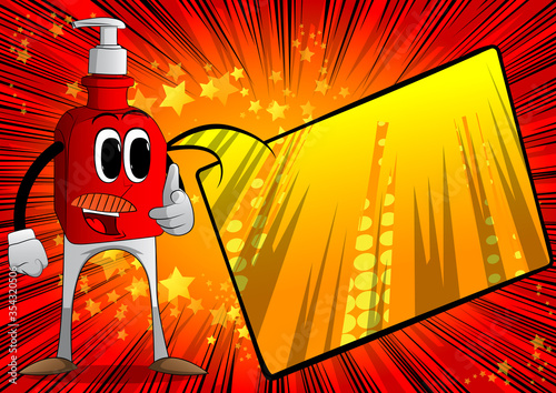 Cartoon Bottle of hand sanitizer gel pointing at the viewer with his hand.