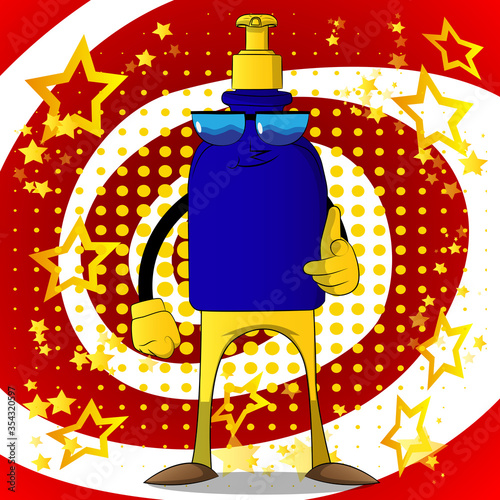 Cartoon Bottle of hand sanitizer gel pointing at the viewer with his hand.