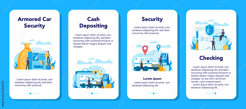 Armored cash truck security mobile application banner set. Money