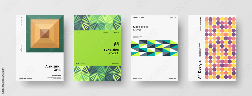 Naklejka premium Company identity brochure template collection. Business presentation vector A4 vertical orientation front page mock up set. Corporate report cover abstract geometric illustration design layout bundle.