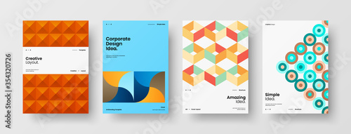 Company identity brochure template collection. Business presentation vector A4 vertical orientation front page mock up set. Corporate report cover abstract geometric illustration design layout bundle.