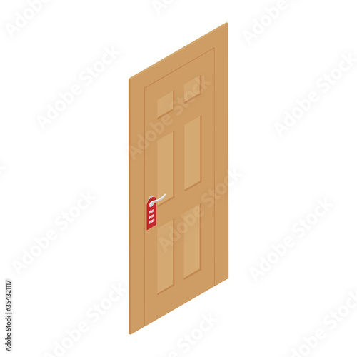 Vector illustration realistic door with handle and hotel hanger, sign please do not disturb isolated on white background.