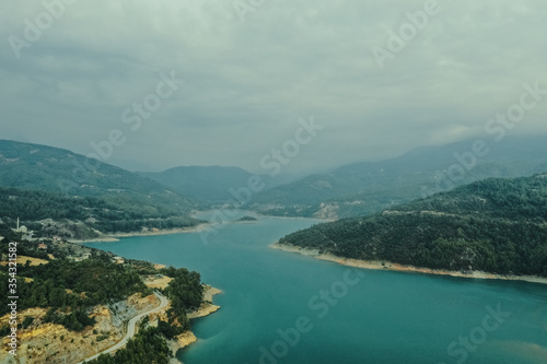 Water reservoir landscape with mountains, Dimcay, Alanya, Antalya, Turkey. Vacation holiday recreation, travel concept