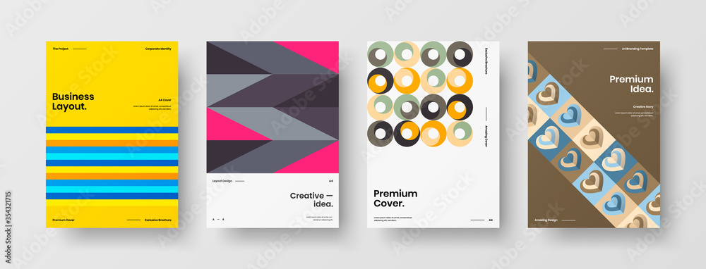 Company identity brochure template collection. Business presentation vector A4 vertical orientation front page mock up set. Corporate report cover abstract geometric illustration design layout bundle. Company identity brochure template collection. Business presentation vector A4 vertical orientation front page mock up set. Corporate report cover abstract geometric illustration design layout bundle.