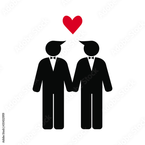 Gay marriage homosexual couple holding hands isolated on white background. Flat vector icon for apps and websites.