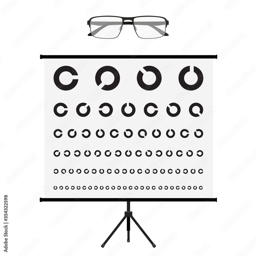 Eye test chart and glasses. Vision exam. Optometrist check. Medical eye