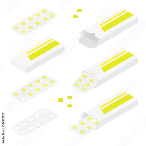 Packaging for drugs: painkillers, antibiotics, vitamins and aspirin tablets. Set of blisters icons with pills.