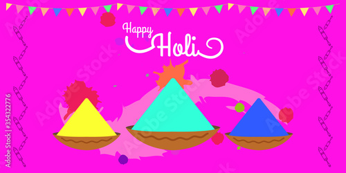Indian festival Holi decorative colorful greeting with color splashes and color guns.