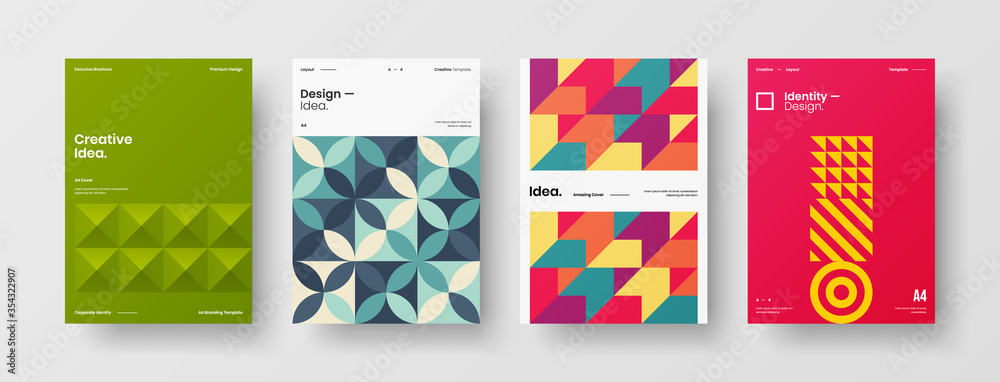 Fototapeta premium Company identity brochure template collection. Business presentation vector A4 vertical orientation front page mock up set. Corporate report cover abstract geometric illustration design layout bundle.