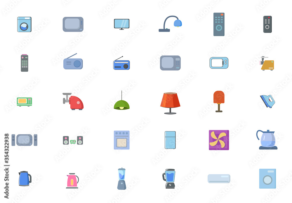Set of household appliances icons. home appliances flat icon set with TV, fridge, kitchen appliances Set of household appliances icons. home appliances flat icon set with TV, fridge, kitchen appliances