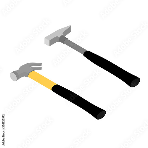 Set of iron hammers with black handle vector icon isolated on white background isometric view. Working tool.