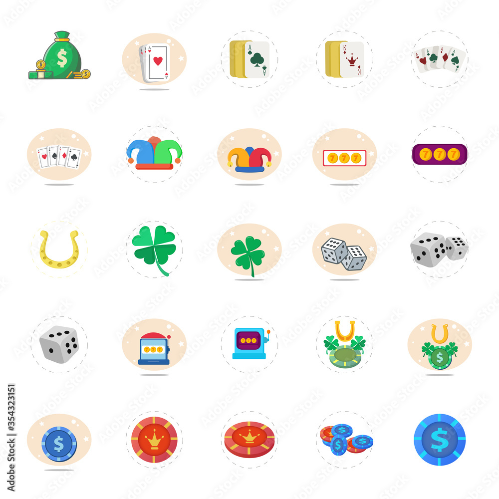 casino flat icon set with casino slot, dices, playing card, joker cap casino flat icon set with casino slot, dices, playing card, joker cap