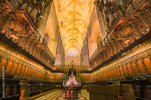 The choir decorated with inlays, of the cathedral Seville, Spain.