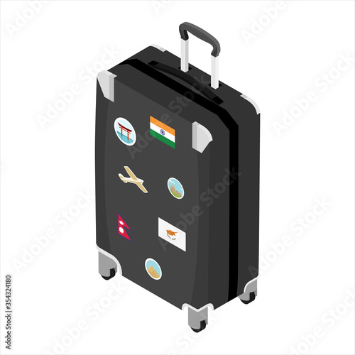 Suitcase of a traveler with travel stickers isometric view isolated on white background