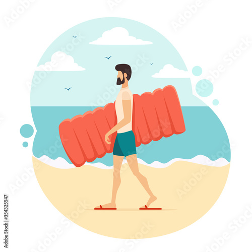 Man with an Inflatable Mattress on Sea Background