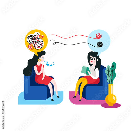 Psychotherapy concept. Woman at a psychotherapy session with a psychotherapist vector illustration.