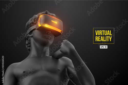 VR headset, future technology concept banner. 3d of the black statue of David, man wearing virtual reality glasses on black background. VR games. Vector illustration. Thanks for watching