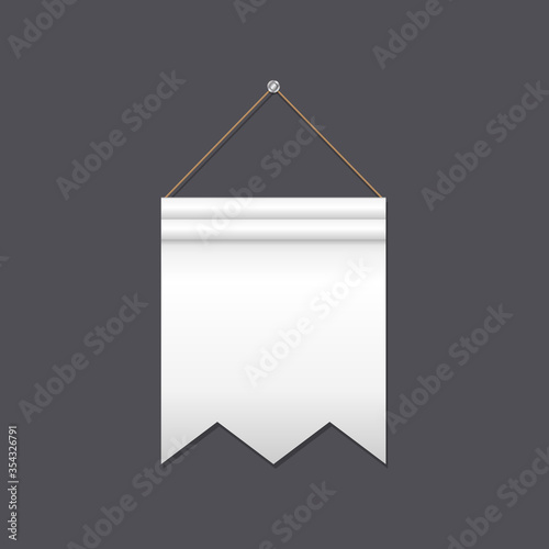 Empty white flag with two V shaped cuts on edge hanging on gray background