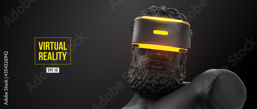 VR headset, future technology concept banner. 3d of the black statue of Hercules, man wearing virtual reality glasses on black background. VR games. Vector illustration. Thanks for watching