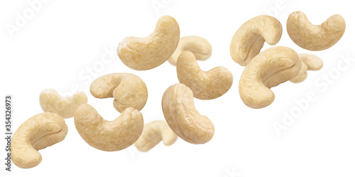 Flying delicious cashew nuts, isolated on white background