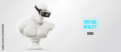VR headset, future technology concept banner. 3d of the white statue of Hercules, man wearing virtual reality glasses on white background. VR games. Vector illustration. Thanks for watching