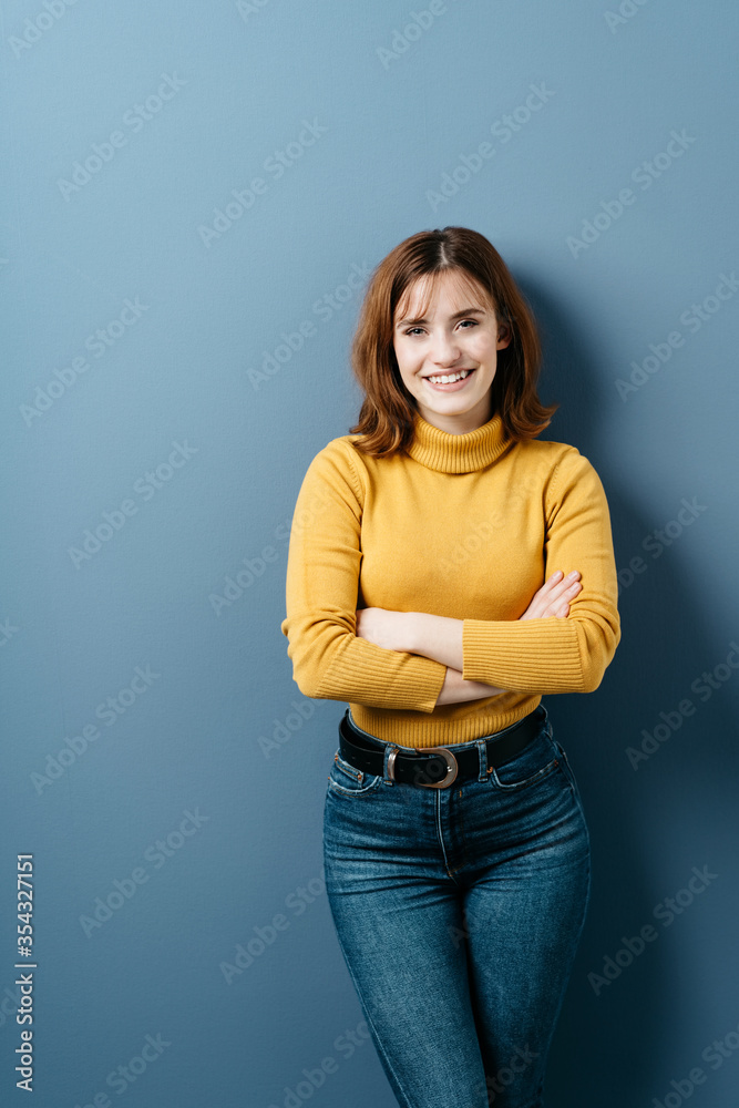 Friendly relaxed young woman wearing jeans Friendly relaxed young woman wearing jeans