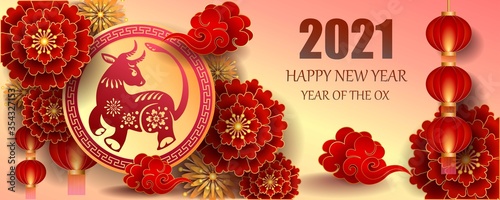 Happy new year 2021 / Chinese new year / Year of the ox / Zodiac sign for greetings card, invitation, posters, brochure, calendar, flyers, banners.