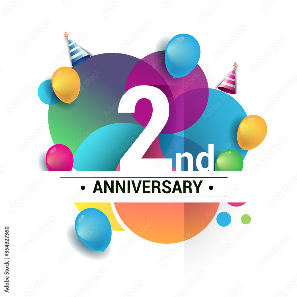 2nd years anniversary logo, vector design birthday celebration with colorful geometric, Circles and balloons isolated on white background.