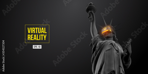 VR headset, future technology concept banner. 3d of the black statue of Liberty, woman wearing virtual reality glasses on black background. VR games. Vector illustration. Thanks for watching