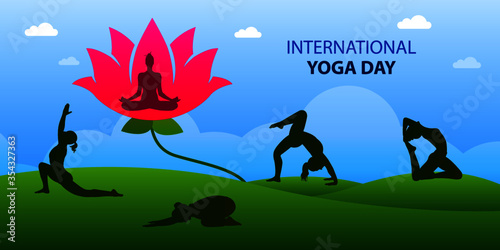 Yoga poses silhouette with beautiful landscape of natural outdoor environment. 21 June international yoga day graphic for website, flyer and social media post.