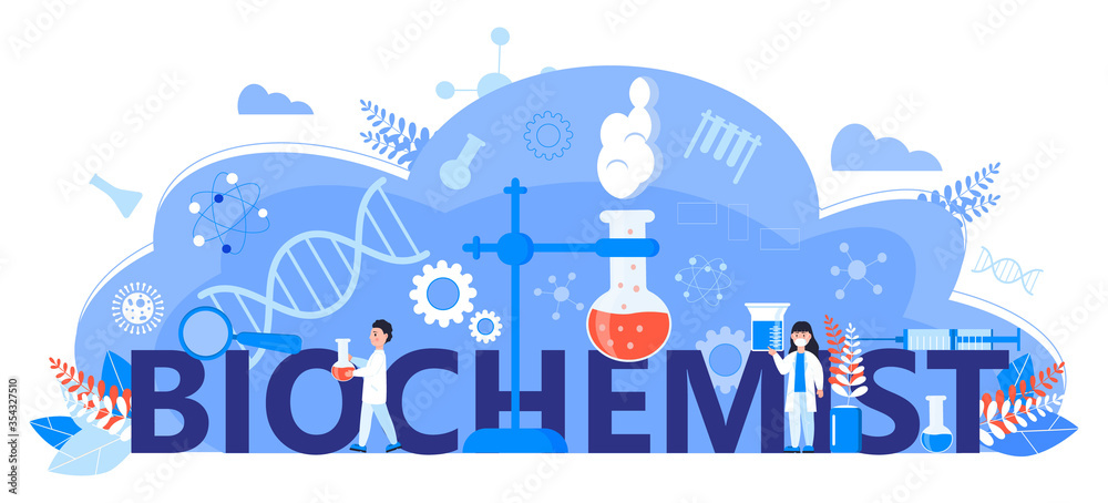 Biochemist online learning concept. Biological technology, biotechnology science vector. Scientists study microorganisms in microscope. Medical research illustration for homepage, banner.