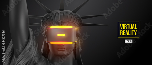 VR headset, future technology concept banner. 3d of the black statue of Liberty, woman wearing virtual reality glasses on black background. VR games. Vector illustration. Thanks for watching