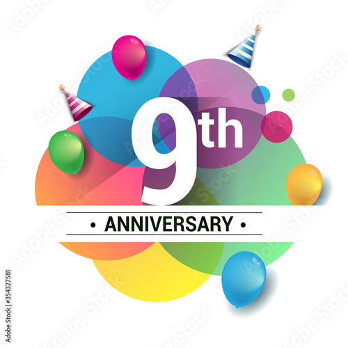 9th years anniversary logo, vector design birthday celebration with colorful geometric, Circles and balloons isolated on white background.