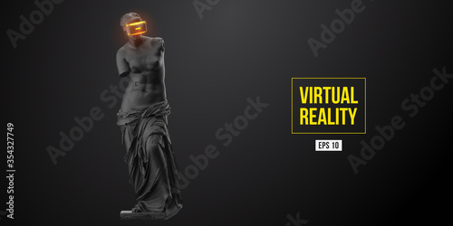 VR headset, future technology concept banner. 3d of the black statue of Venus, woman wearing virtual reality glasses on black background. VR games. Vector illustration. Thanks for watching