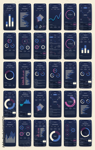 Modern infographic vector elements for business brochures. Use in website, mobile design, advertising and marketing. Pie charts, line graphs, bar graphs and timelines.