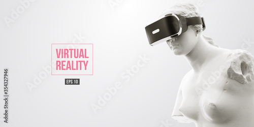 VR headset, future technology concept banner. 3d of the white statue of Venus, woman wearing virtual reality glasses on white background. VR games. Vector illustration. Thanks for watching