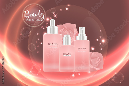 Beauty product ad design, pink cosmetic containers with natural concept advertising background ready to use, luxury skin care banner, illustration vector.	
