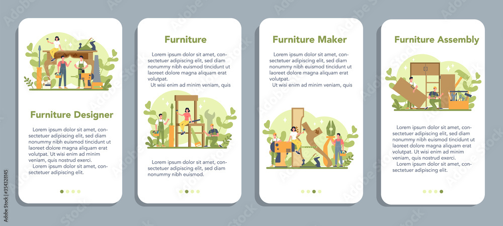 Wooden furniture maker or designer mobile application banner set.