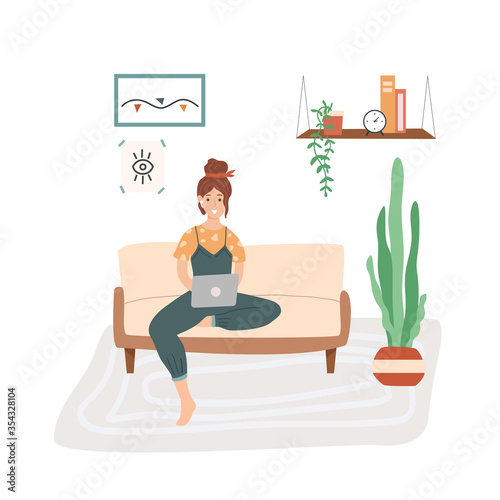 Young smiling woman sitting on a couch with laptop. Freelancer woman character working remotely in comfortable conditions..Work online from home, convenient workplace. Self employed vector concept.