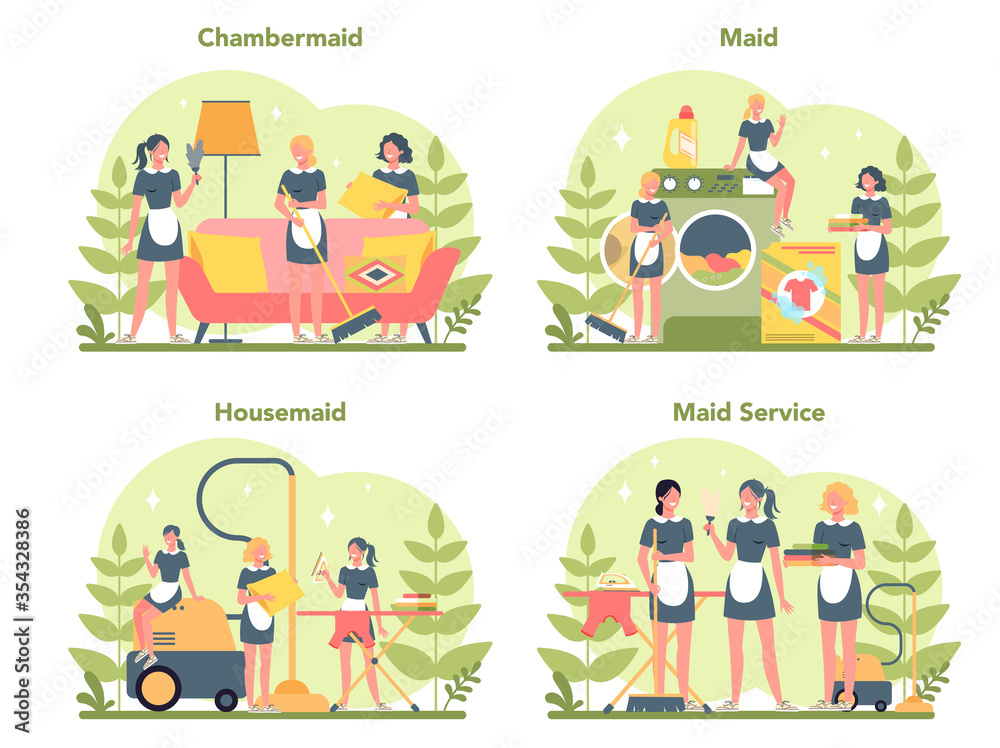 Fototapeta premium Maid service, cleaning service, apartment cleaning set. Woman