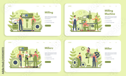 Miller and milling web banner or landing page set. Engineer drilling