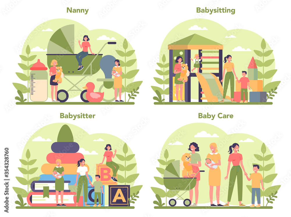 Babysitter service or nanny agency concept set. In-home babysitter.
