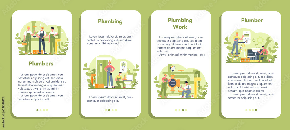 Plumbing service mobile application banner set. Professional repair
