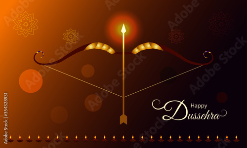 Indian festival Dussehra and Vijayadashmi greeting with golden bow and arrow with caption. Decorative vector festive background. photo